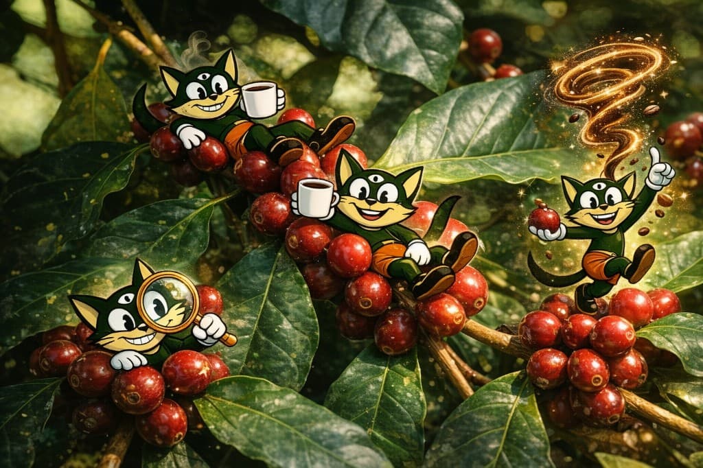 Gatos de tres ojos en un cafetal, ilustración surrealista de Surreal Roots